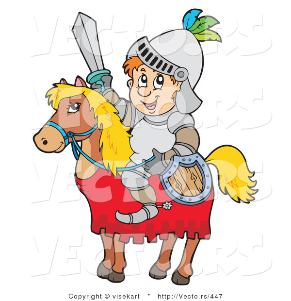 Vector of a Happy Cartoon Knight Sitting on a Horse While Holding Shield and Sword