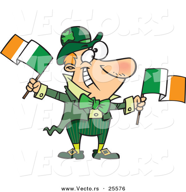 Vector of a Happy Cartoon Leprechaun Man Waving Two Irish Flags