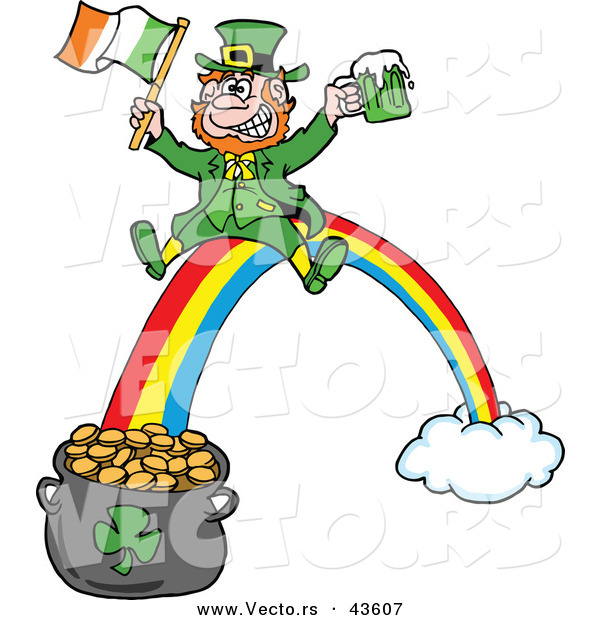 Vector of a Happy Cartoon Leprechaun Riding a Rainbow down to a Lucky Pot of Gold with a Beer and Irish Flag