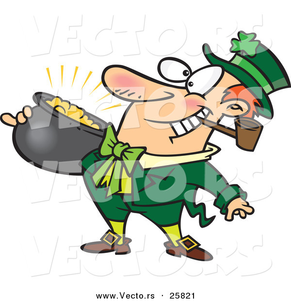 Vector of a Happy Cartoon Leprechaun Smoking a Pipe While Carrying Pot Full of Gold