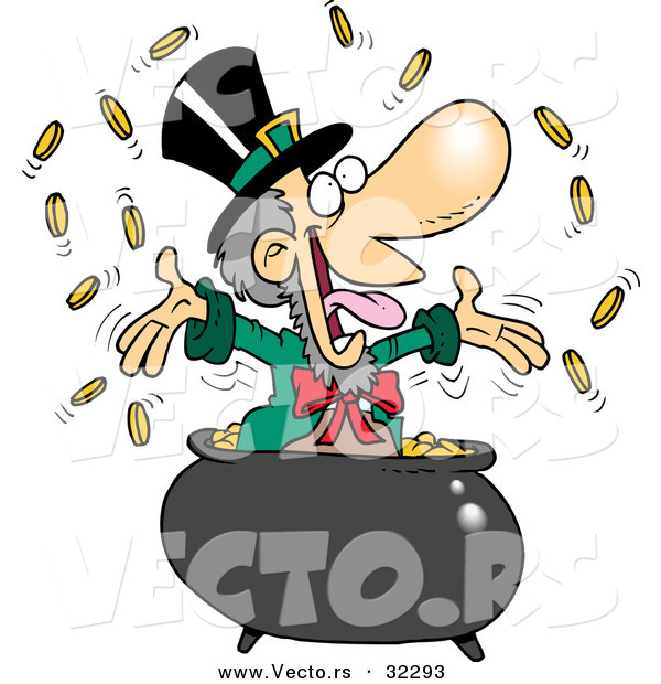 Vector of a Happy Cartoon Leprechaun Tossing Coins into the Air from His Pot of Gold