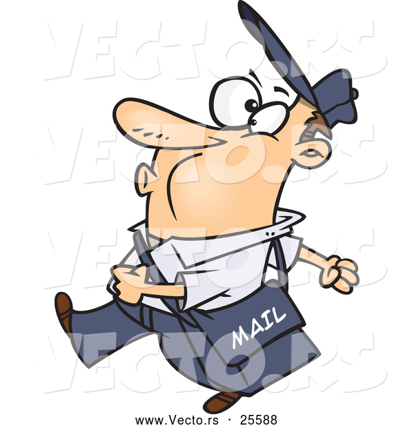 Vector of a Happy Cartoon Mail Man Whistling and Walking While Carrying a Mailbag