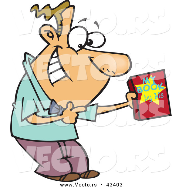 Vector of a Happy Cartoon Male Author Recommending His Book
