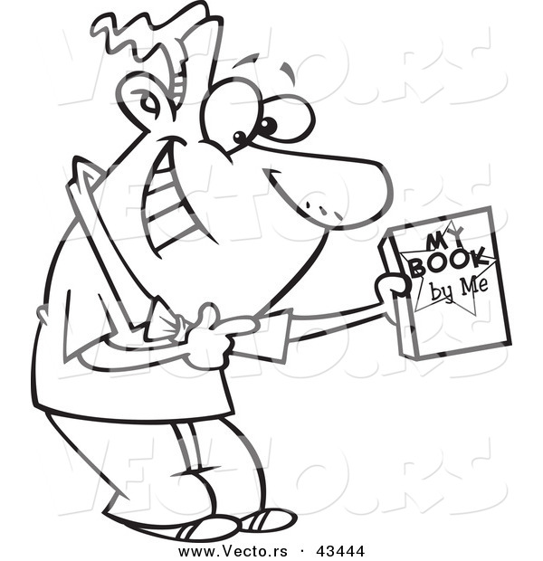 Vector of a Happy Cartoon Male Author Suggesting His Book - Coloring Page Outline