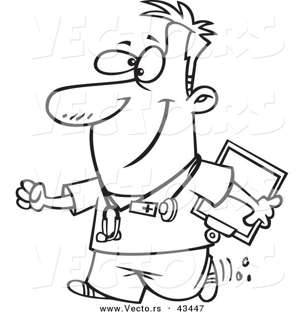 Vector of a Happy Cartoon Male Nurse Carrying a Clipboard - Coloring Page Outline