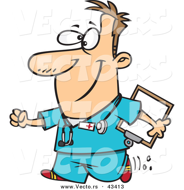 Vector of a Happy Cartoon Male Nurse Walking with a Clipboard and a Smile