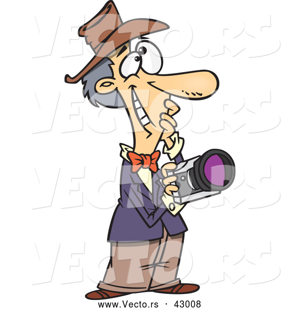 Vector of a Happy Cartoon Male Photographer Thinking While Holding a Camera