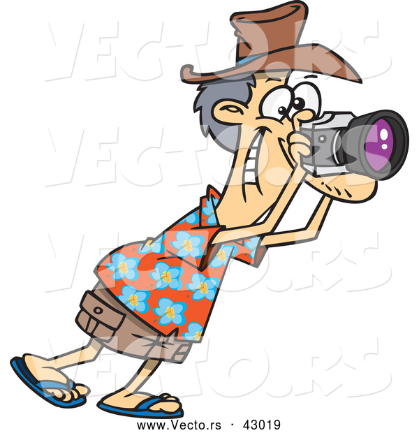 Vector of a Happy Cartoon Male Tourist Taking Photographs with His Camera
