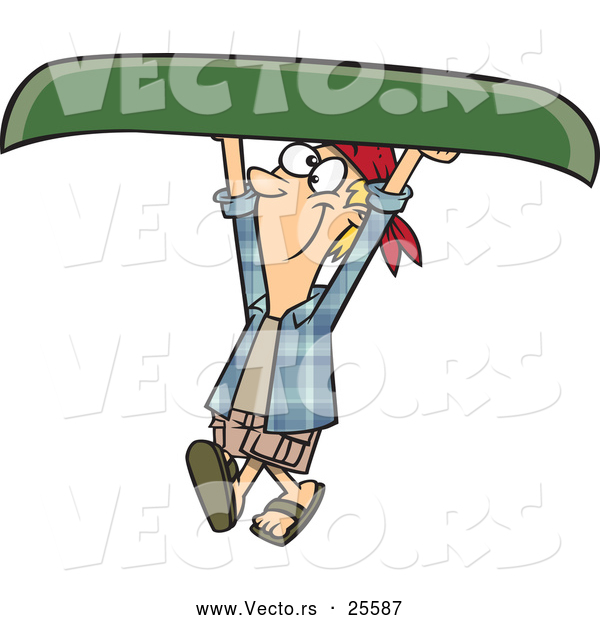 Vector of a Happy Cartoon Man Carrying a Small Green Canoe