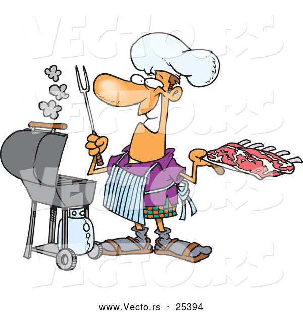 Vector of a Happy Cartoon Man Cooking Barbeque Ribs with an Outdoor Propane Grill