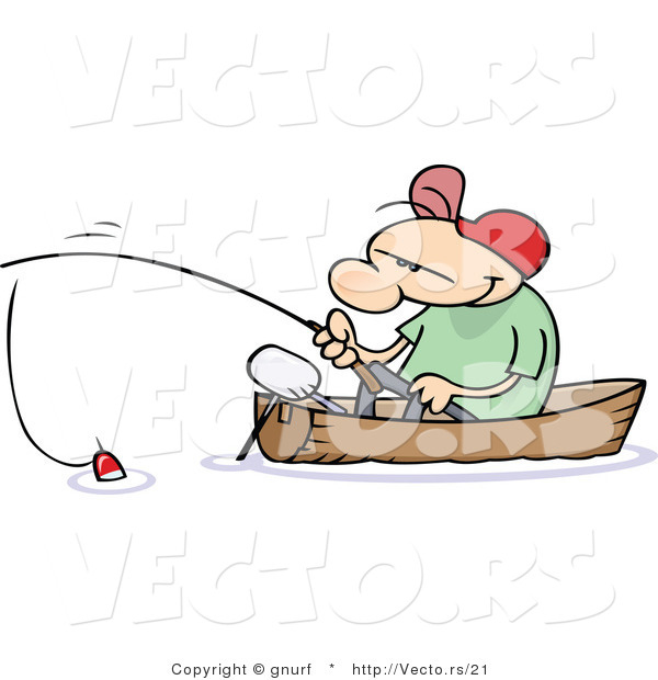 Vector of a Happy Cartoon Man Fishing in a Small Wood Boat