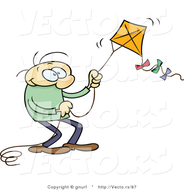 Vector of a Happy Cartoon Man Flying a Kite