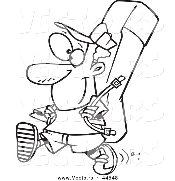 Vector of a Happy Cartoon Man Hiking with a Large Pack - Coloring Page Outline