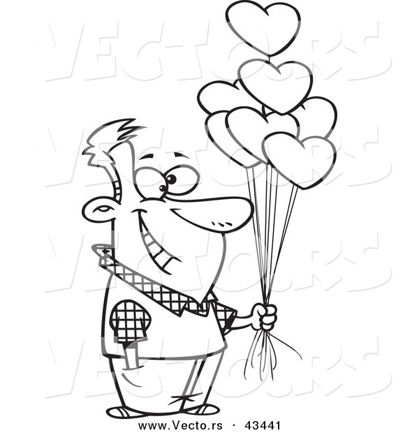 Vector of a Happy Cartoon Man Holding out Valentine Heart Balloons - Coloring Page Outline