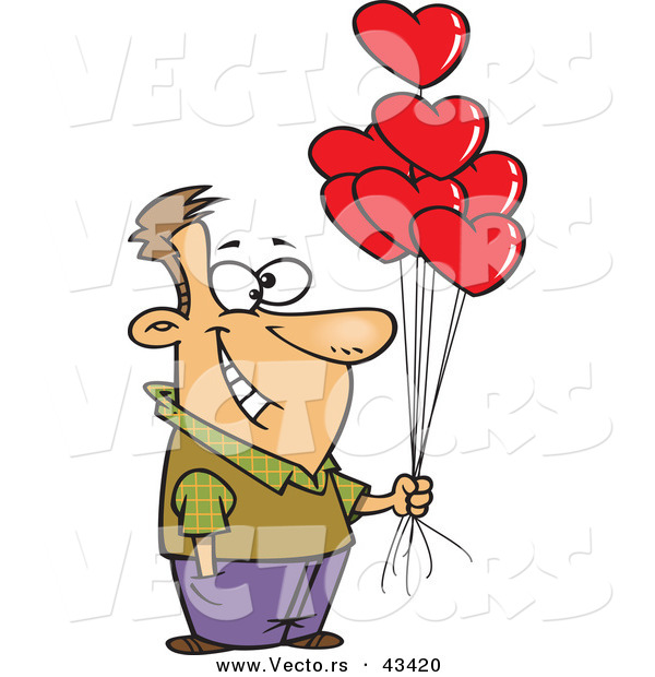 Vector of a Happy Cartoon Man Holding out Valentine Love Heart Balloons
