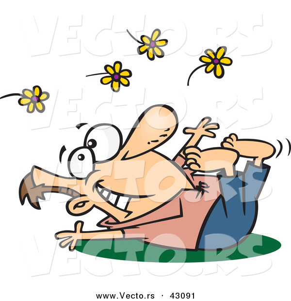 Vector of a Happy Cartoon Man Laying on Grass While Tossing Yellow Flowers into the Air