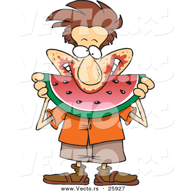 Vector of a Happy Cartoon Man Pigging out on Watermelon