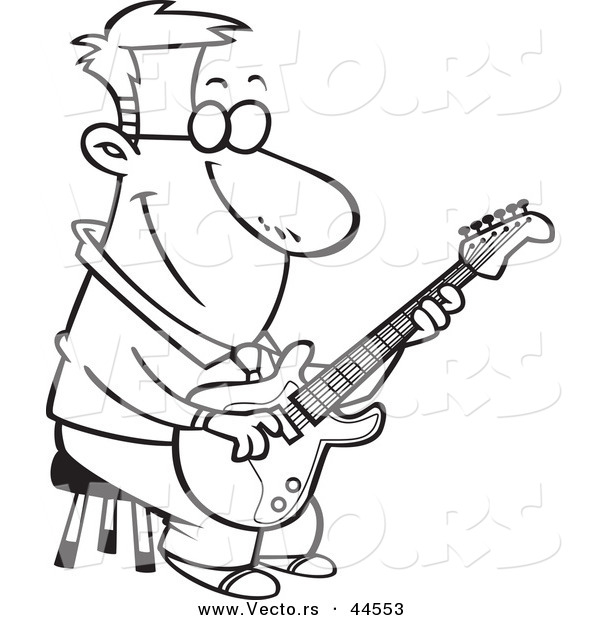 Vector of a Happy Cartoon Man Playing a Guitar on a Stool - Coloring Page Outline