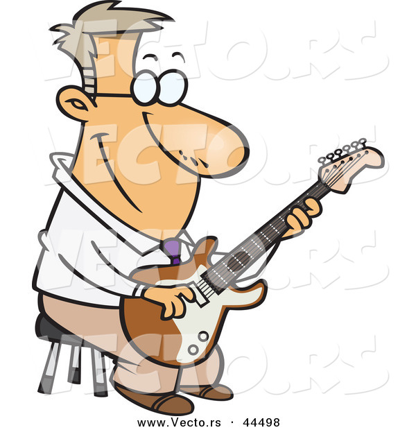 Vector of a Happy Cartoon Man Playing a Guitar While Sitting on a StoolHappy Cartoon Man Playing a Guitar While Sitting on a Stool