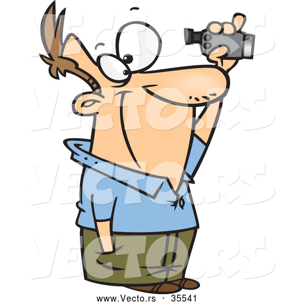Vector of a Happy Cartoon Man Recording Footage with a Compact Video Recorder