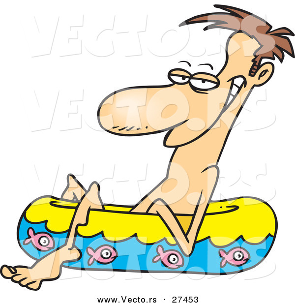 Vector of a Happy Cartoon Man Relaxing on a Float on Water with Fish
