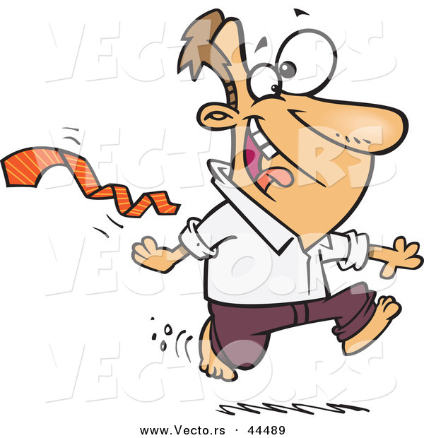 Vector of a Happy Cartoon Man Ripping His Business Tie off While Running Bare Foot