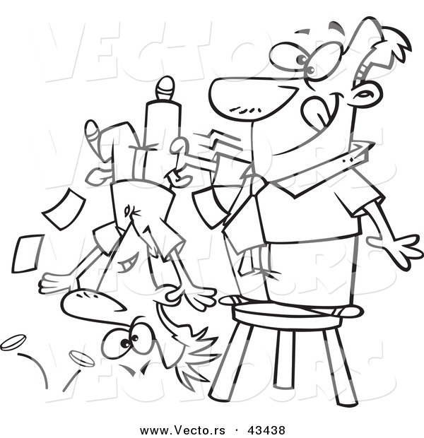 Vector of a Happy Cartoon Man Standing on a Stool and Shaking Money from a Guys Pockets - Coloring Page Outline