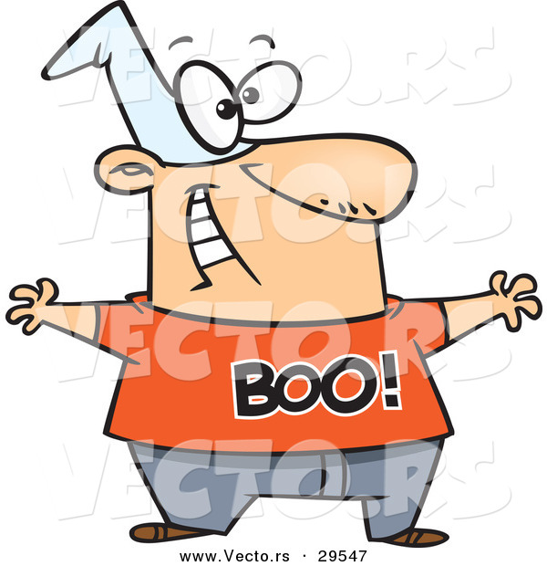 Vector of a Happy Cartoon Man Wearing Orange Boo! Shirt on Halloween