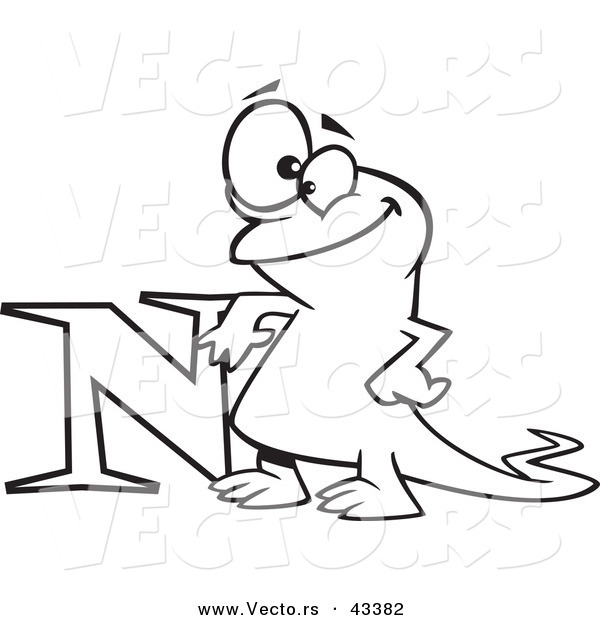 Vector of a Happy Cartoon Newt Leaning on the Letter N - Coloring Page Outline