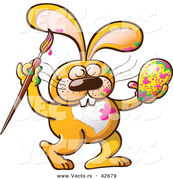 Vector of a Happy Cartoon Orange Bunny Rabbit Painting an Easter Egg