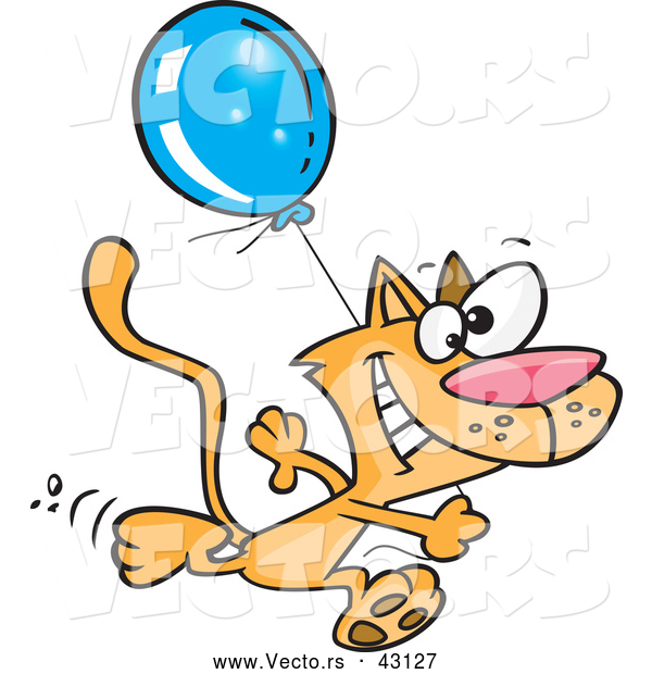 Vector of a Happy Cartoon Orange Cat Running with a Blue Balloon