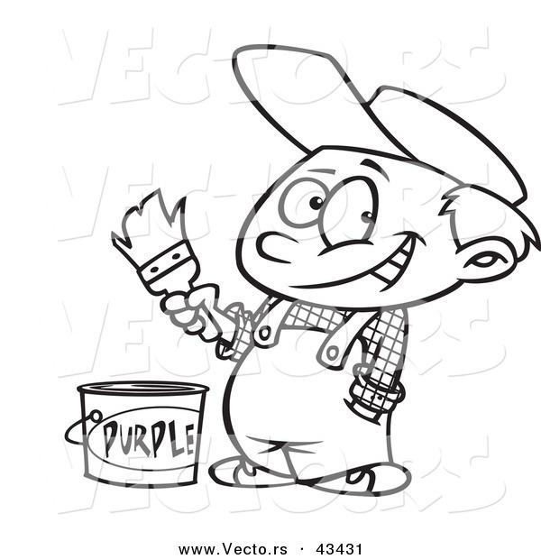 Vector of a Happy Cartoon Painter Boy with a Bucket of Purple Paint - Coloring Page Outline