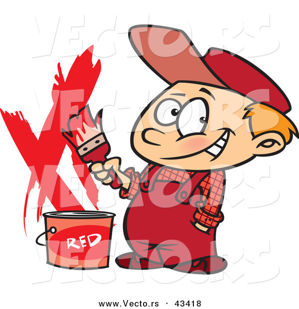 Vector of a Happy Cartoon Painter Boy with a Bucket of Red Paint and a Paintbrush