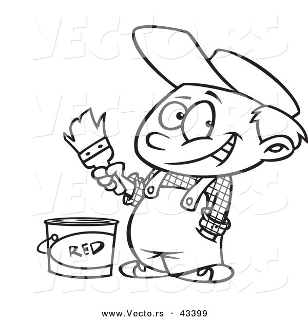 Vector of a Happy Cartoon Painter Boy with a Bucket of Red Paint - Coloring Page Outline