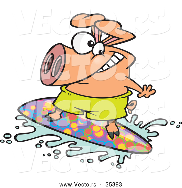 Vector of a Happy Cartoon Pig Character Surfing a Wave