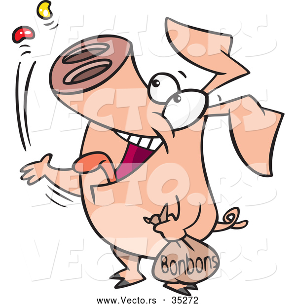 Vector of a Happy Cartoon Pig Eating Bon Bons
