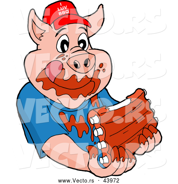 Vector of a Happy Cartoon Pig Eating Tasty Ribs Covered with BBQ Sauce
