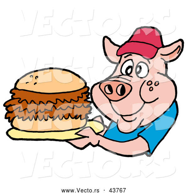 Vector of a Happy Cartoon Pig Holding a BBQ Pork Sandwich
