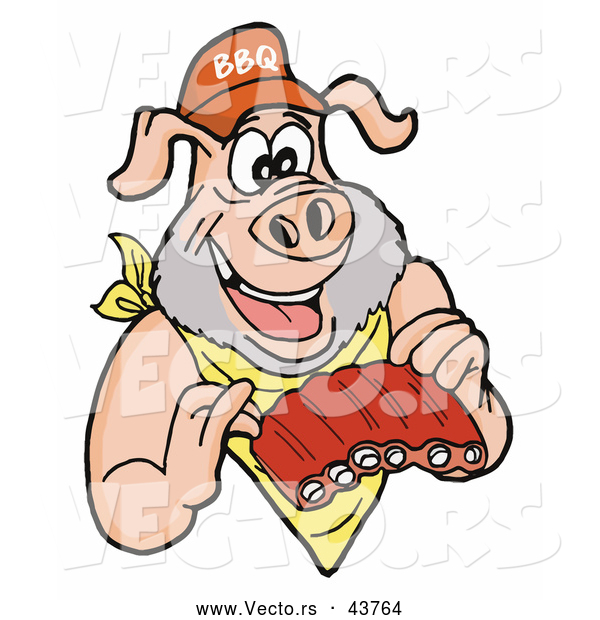 Vector of a Happy Cartoon Pig Holding BBQ Ribs While Smiling