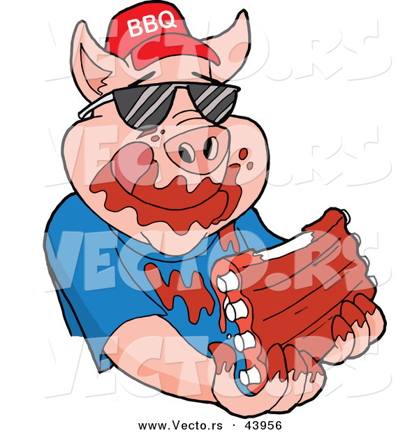 Vector of a Happy Cartoon Pig Wearing a BBQ Hat While Eating Tasty Ribs Covered with Sauce
