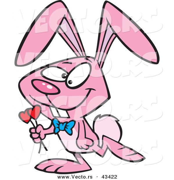 Vector of a Happy Cartoon Pink Valentine Bunny Rabbit Carrying Love Heart Roses
