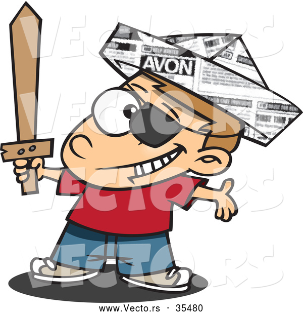 Vector of a Happy Cartoon Pirate Boy Playing with a Newspaper Hat and Sword