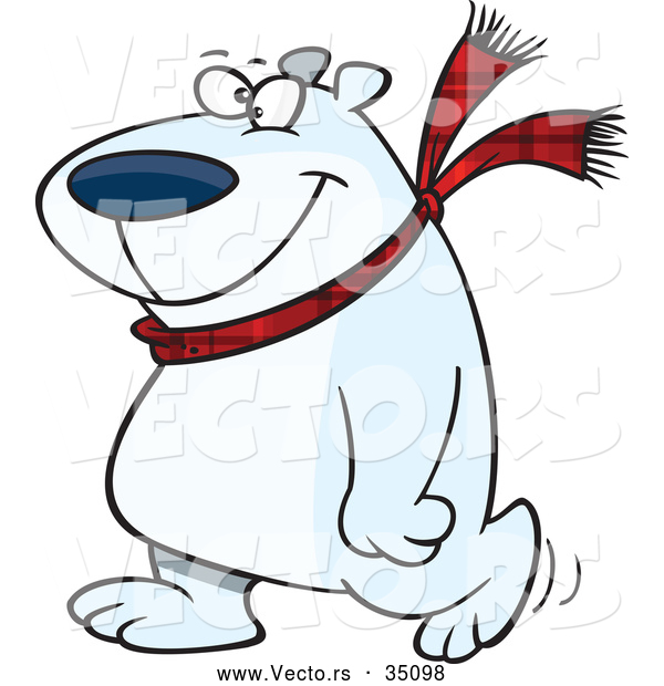 Vector of a Happy Cartoon Polar Bear Wearing a Scarf While Walking Around