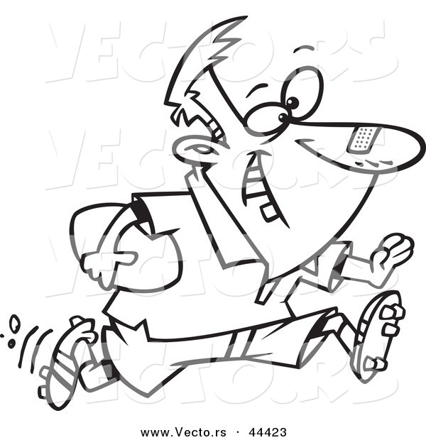 Vector of a Happy Cartoon Rugby Player Running with Missing Teeth - Coloring Page Outline