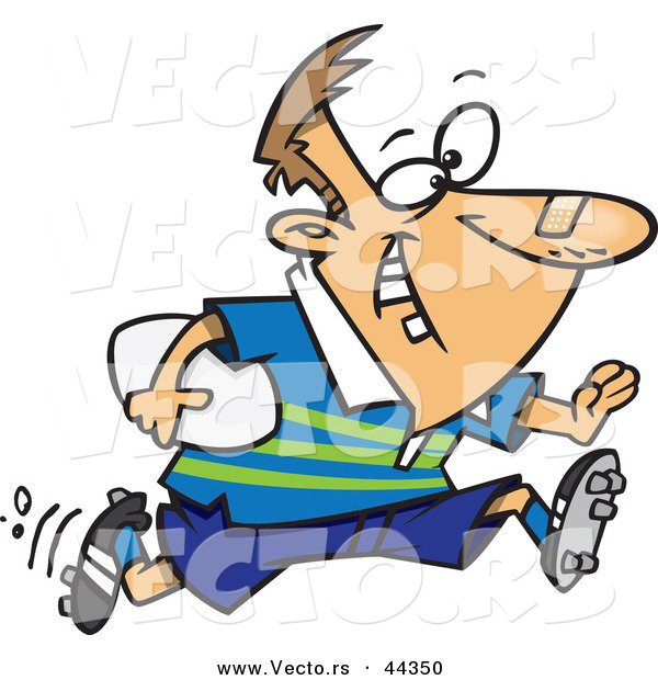 Vector of a Happy Cartoon Rugby Player with Missing Teeth Running with the Ball