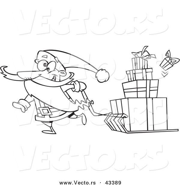 Vector of a Happy Cartoon Santa Pulling Christmas Presents on a Sled - Coloring Page Outline