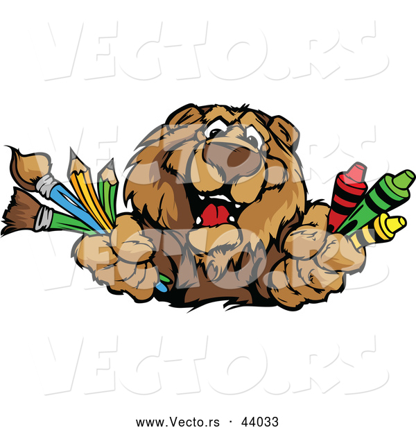 Vector of a Happy Cartoon School Bear Mascot Holding Art Supplies
