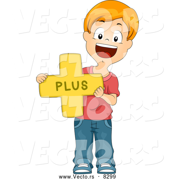 Vector of a Happy Cartoon School Boy Holding a Plus Math Symbol