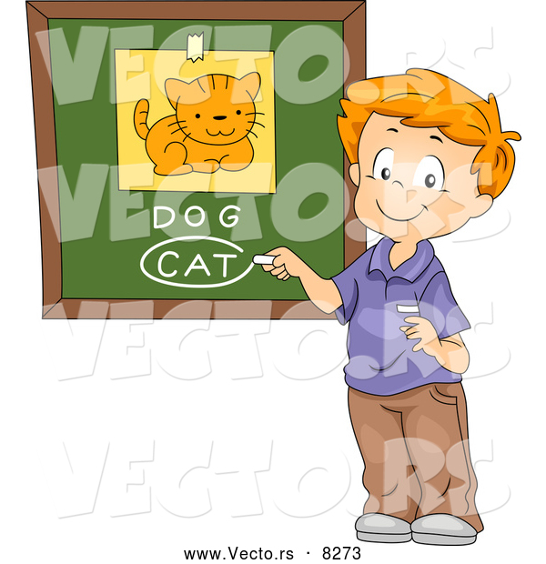 Vector of a Happy Cartoon School Boy Identifying a Cat Dog Comparison Picture Correctly