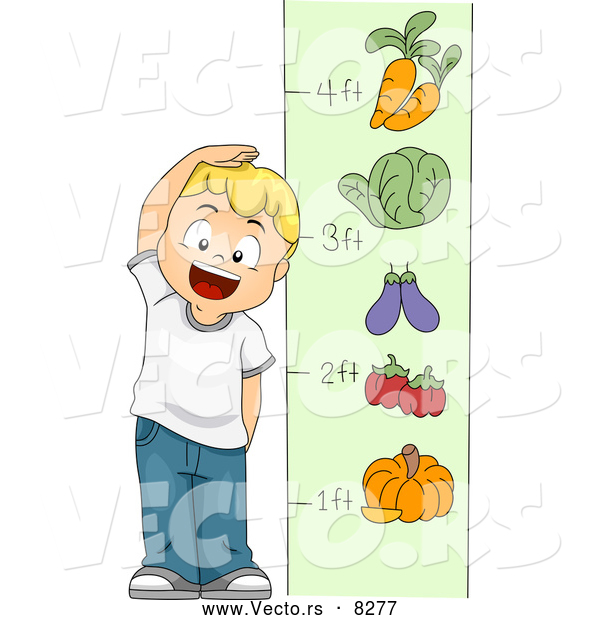Vector of a Happy Cartoon School Boy Measuring His Height with Vegetables